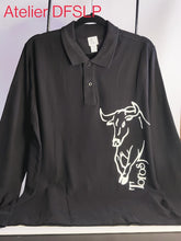 Charger l&#39;image dans la galerie, POLO HOMME NOIR, à manches longues, demi toro blanc avec inscription &quot;toros&quot;
