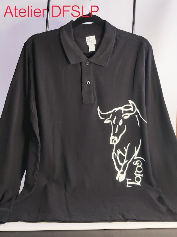 POLO HOMME NOIR, à manches longues, demi toro blanc avec inscription 